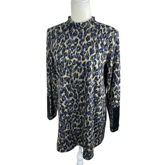 Tyler Boe Animal Print Tunic Top Long Sleeves Classic Timeless Blue Black Small - Picture 5 of 13